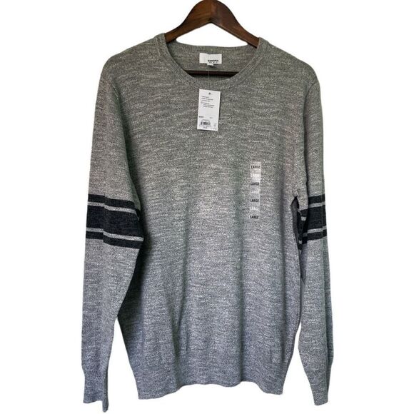 NWT Sonoma Gray Striped Sleeve Sweater L Varsity University Preppy Minimalist - Picture 1 of 7